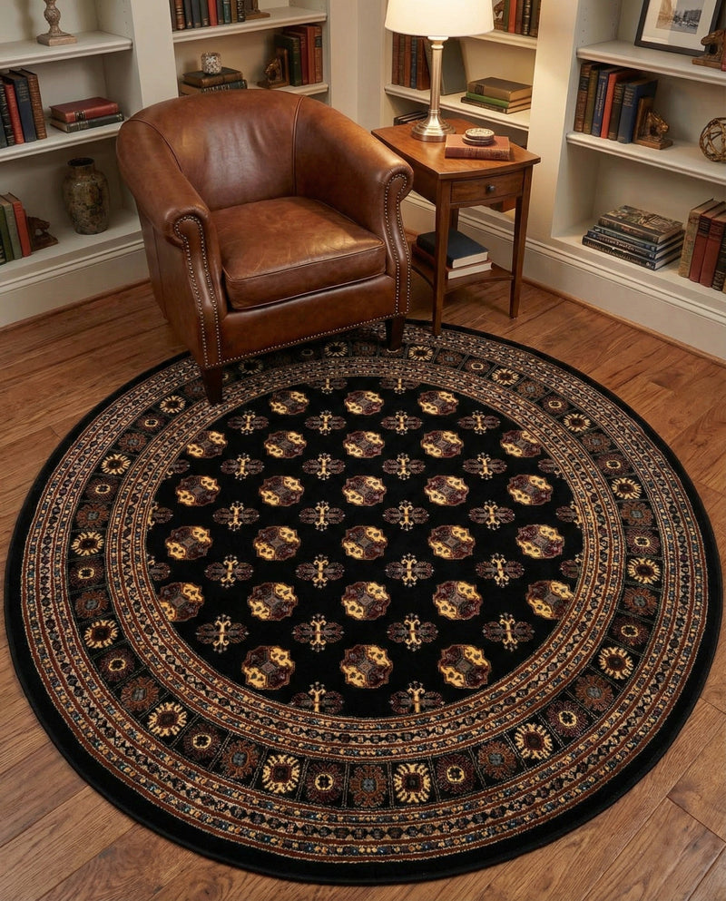 Samarkand Elegance Collection Area Rug -  Margilan (Black) Round Black  lifestyle 69