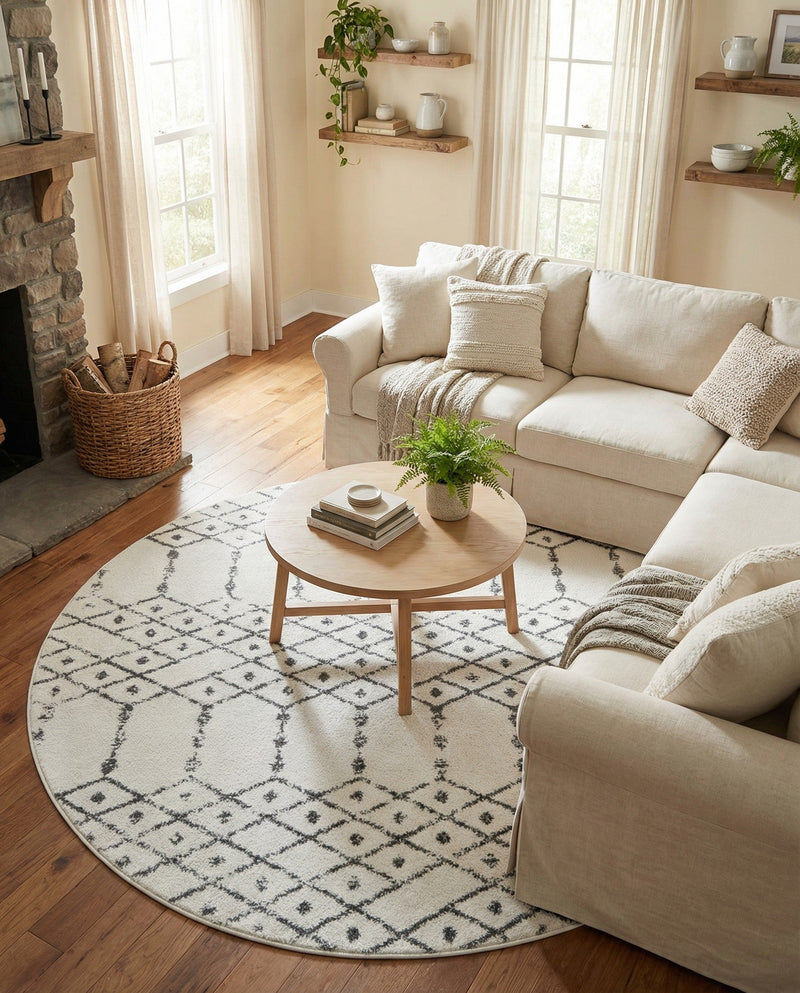 Marrakesh Lattice Collection Area Rug - Casablanca (Ivory Black) Round Ivory Black  lifestyle 63