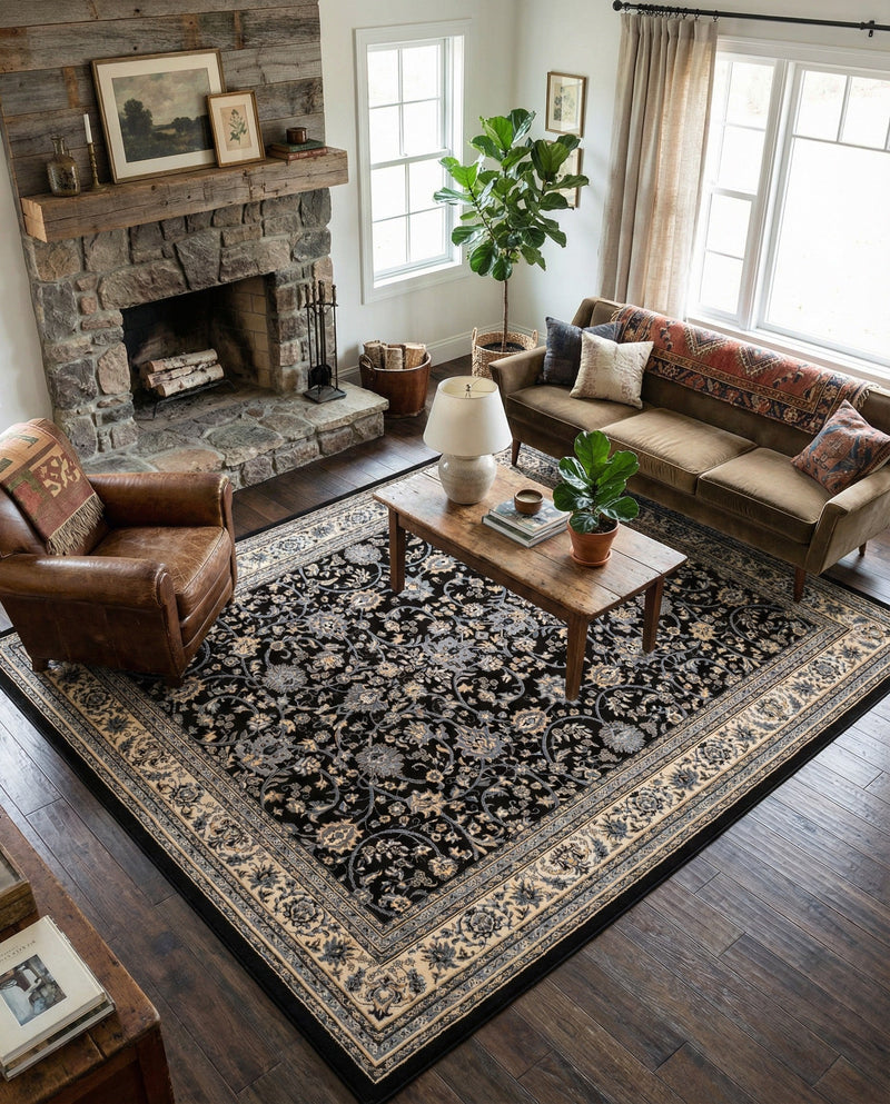 Isfahan Elegance Collection Area Rug - Naghsh-e Jahan (Black) Rectangle Black  lifestyle 56