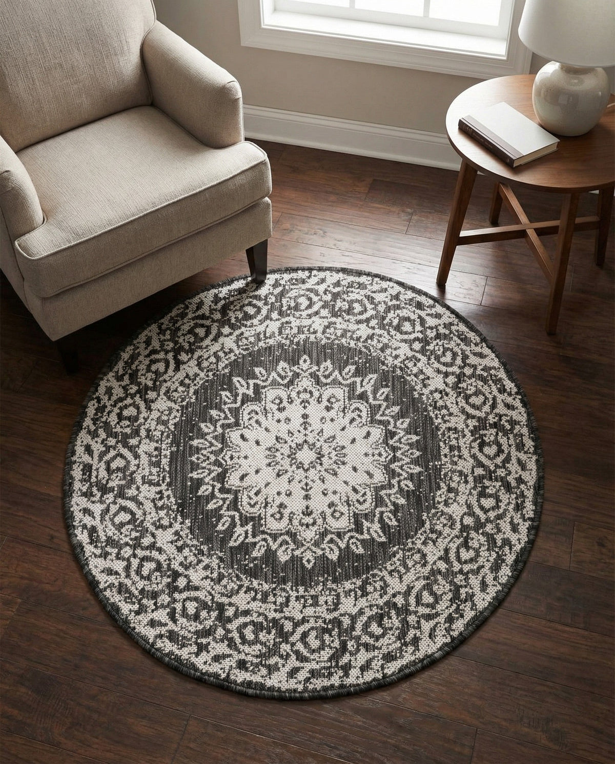 Patio Heritage Collection Area Rug -  Lafayette (Black and White) Round Black and White  lifestyle 80