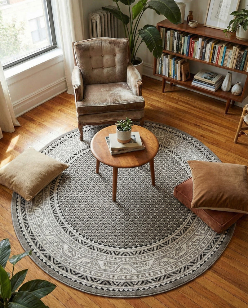 Soho Elegance Collection Area Rug -  Mercer (Gray) Round Gray  lifestyle 44