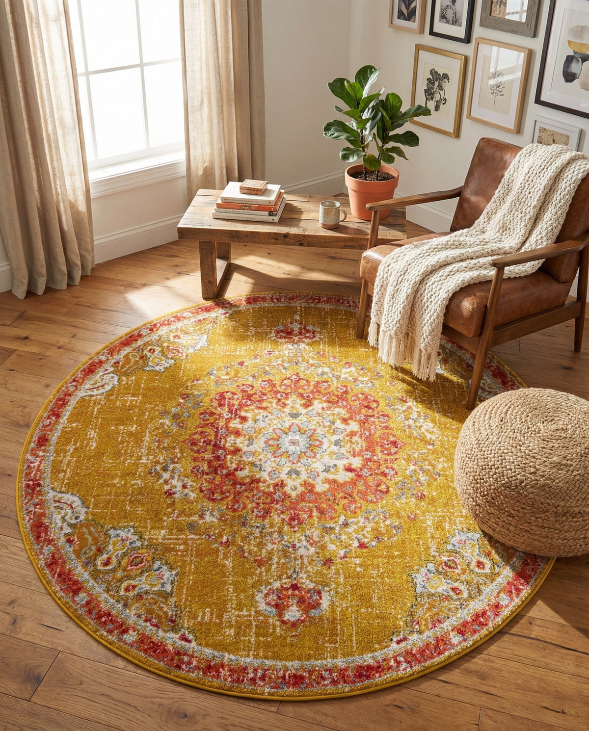 Brighton Terrace Collection Area Rug - Hove (Gold) Round Gold  lifestyle 124