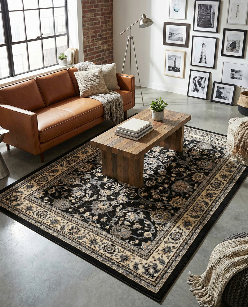 Isfahan Elegance Collection Area Rug - Naghsh-e Jahan (Black) Rectangle Black  lifestyle 44