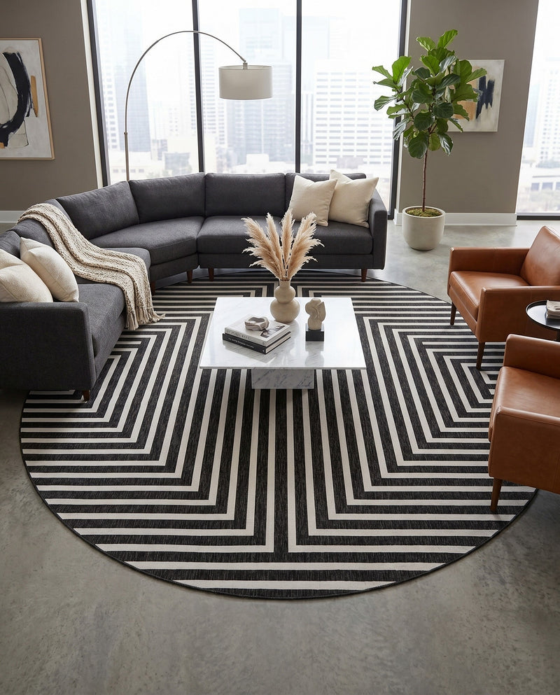 Urban Terrace Collection Area Rug -  Astoria (Black and White) Round Black and White  lifestyle 53