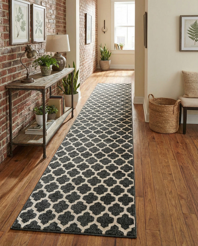 Lattice Gardens Collection Area Rug -  Bloomfield (Black) Runner Black  lifestyle 56