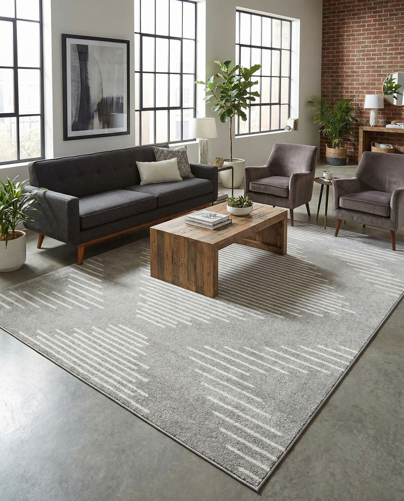Seychelles Stripes Collection Area Rug - Mahe (Gray and Ivory) Rectangle Gray and Ivory  lifestyle 8