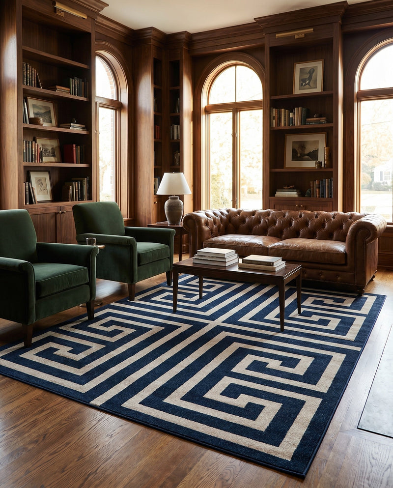 Aegean Labyrinth Collection Area Rug -  Mykonos Rectangle Navy Blue  lifestyle 18