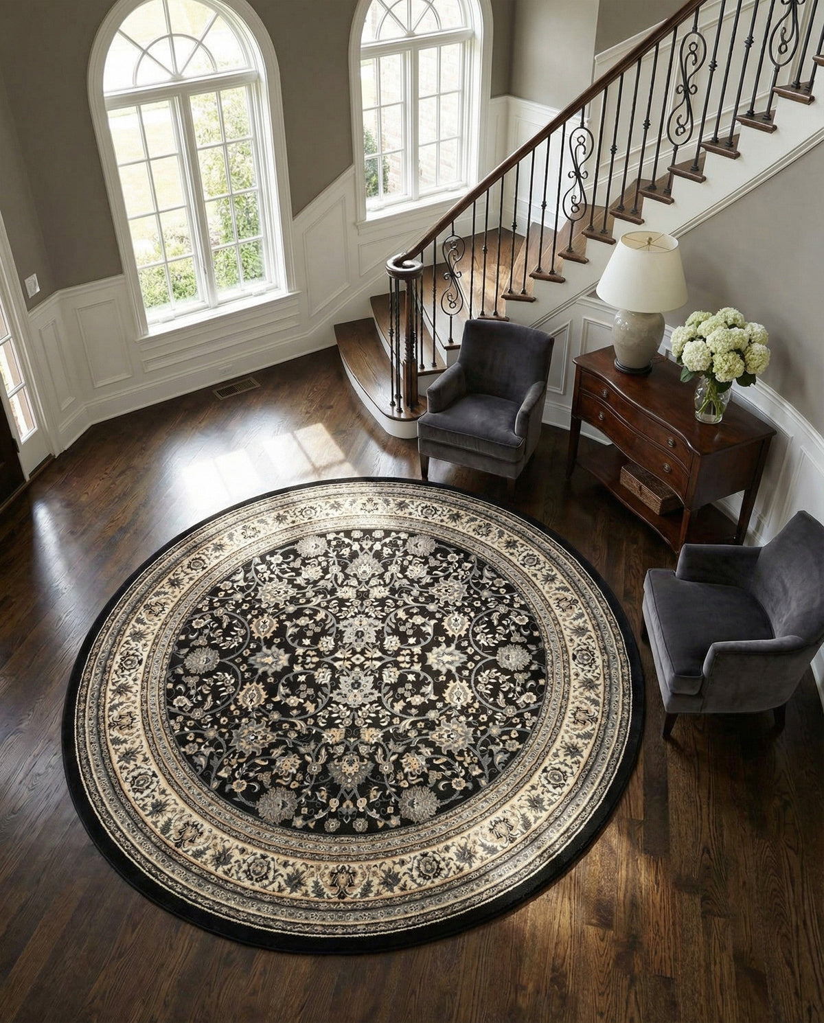 Isfahan Elegance Collection Area Rug - Naghsh-e Jahan (Black) Round Black  lifestyle 119