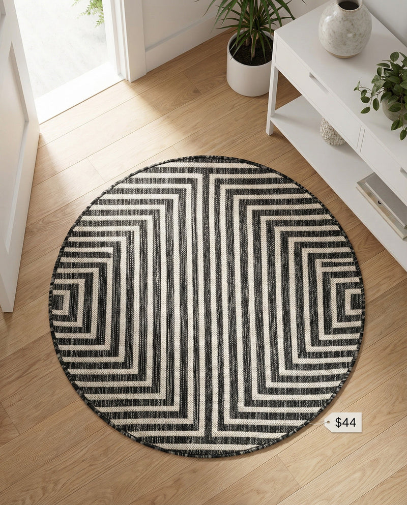 Urban Terrace Collection Area Rug -  Astoria (Black and White) Round Black and White  lifestyle 44