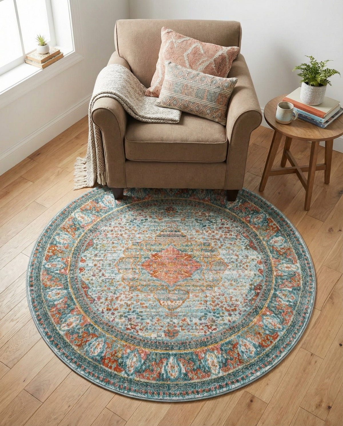 Caribbean Breeze Collection Area Rug -  Floriana Round Light Blue  lifestyle 100