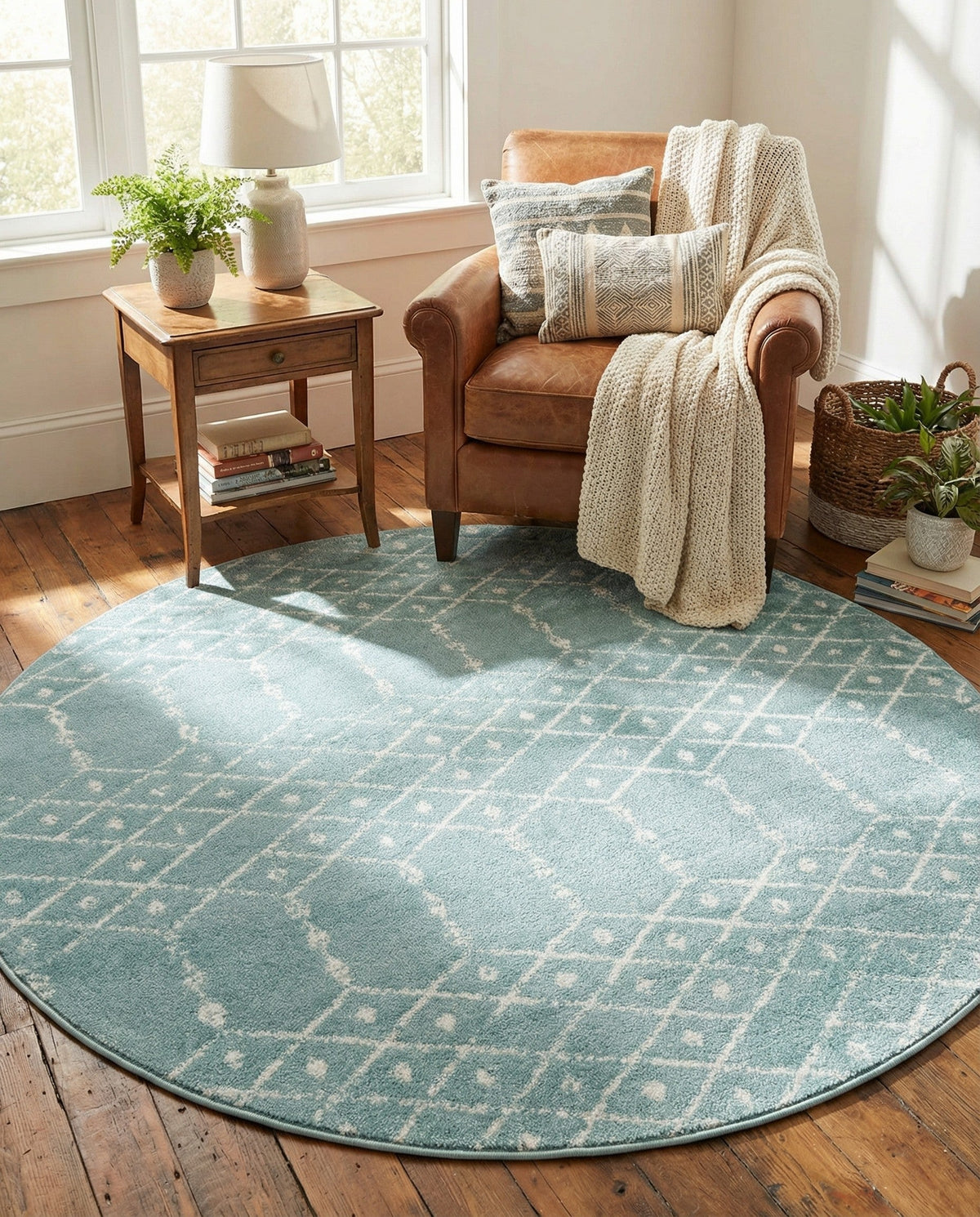 Marrakesh Lattice Collection Area Rug - Casablanca (Aqua) Round Aqua  lifestyle 89