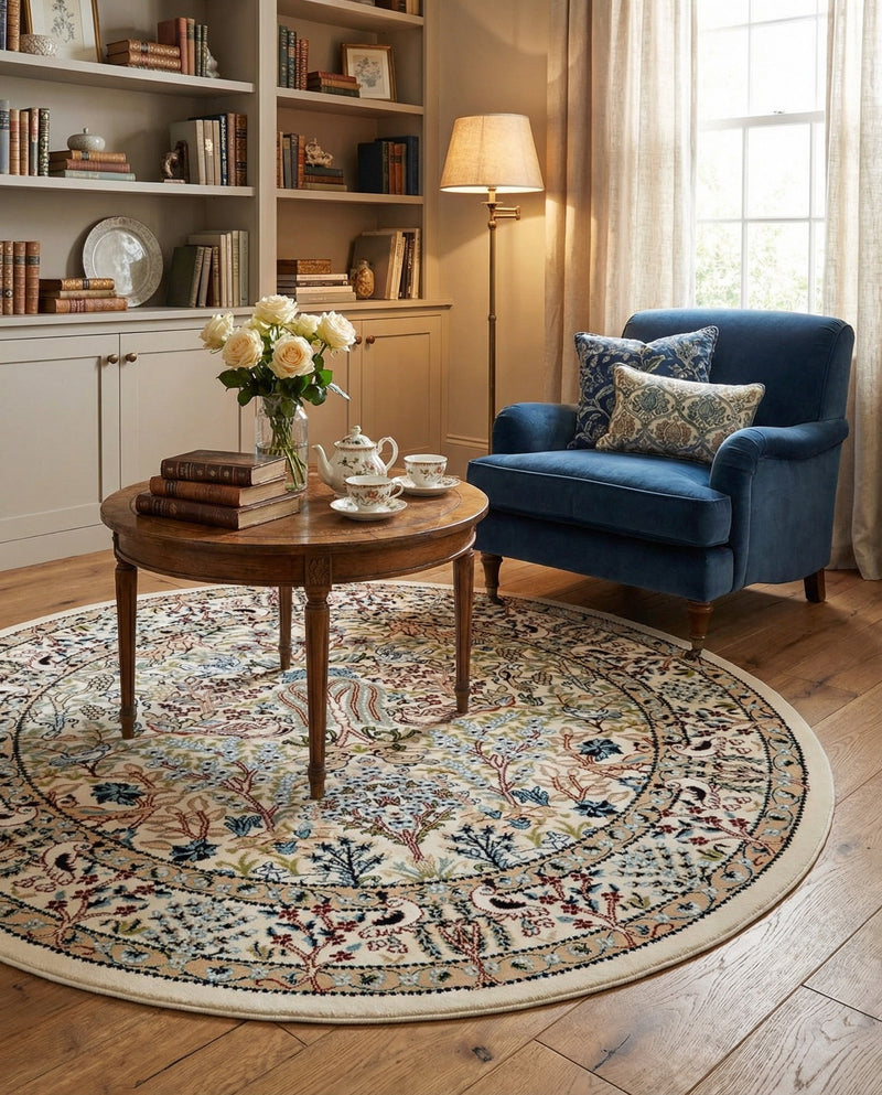 Persian Elegance Collection Area Rug -  Kerman (Ivory) Round Ivory  lifestyle 25