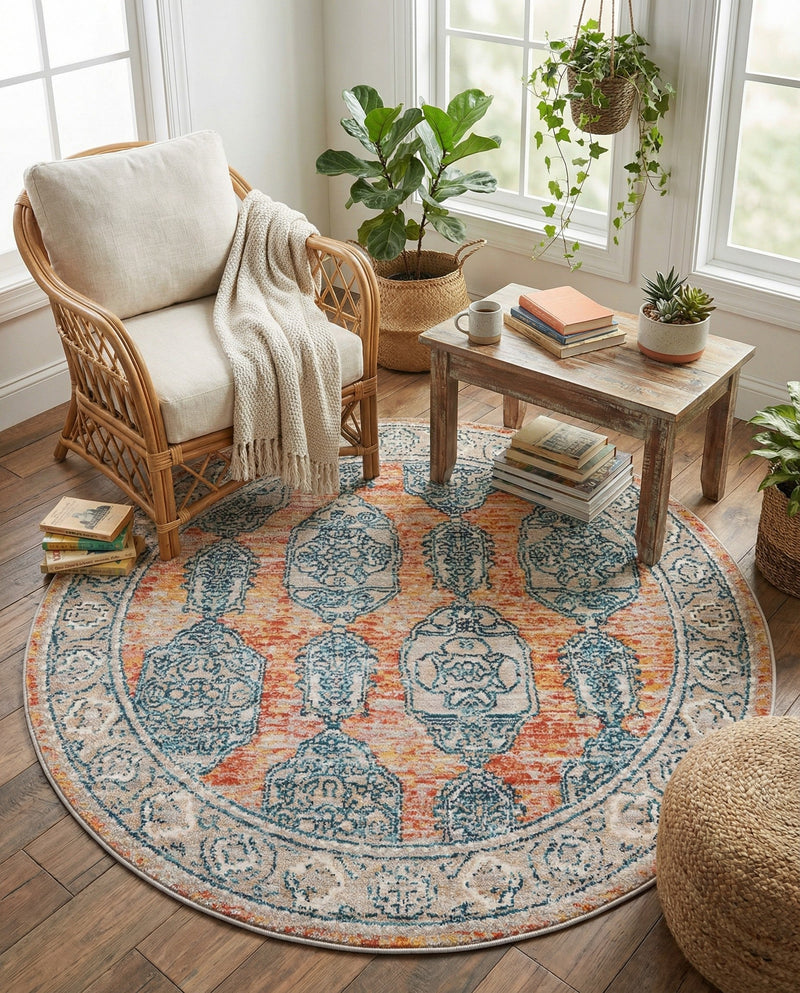 Seville Stripes Collection Area Rug -  Granada (Brick Red) Round Brick Red  lifestyle 80