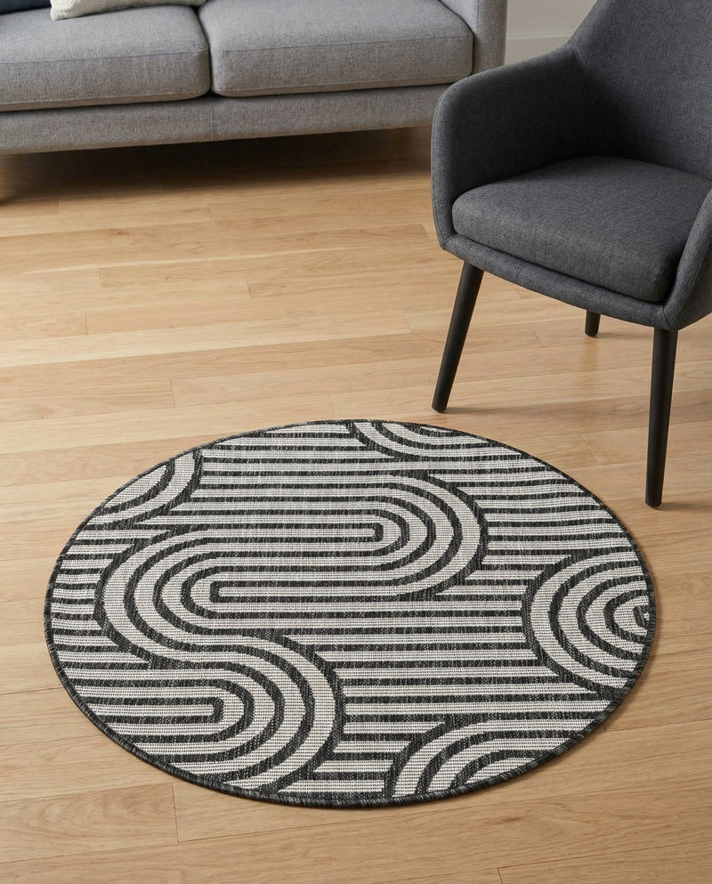 Urban Terrace Collection Area Rug -  Uptown Round Black and White  lifestyle 58