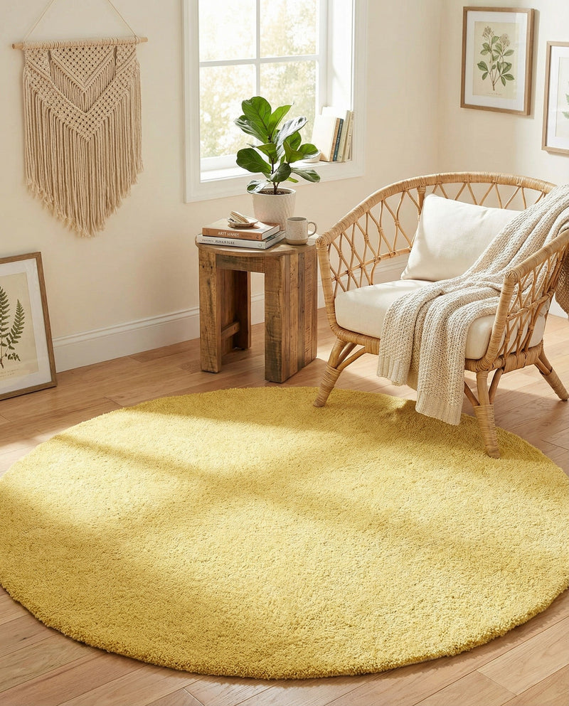 Solid Shag Seaside Collection Area Rug - Azure Cove (Yellow) Round Yellow  lifestyle 26