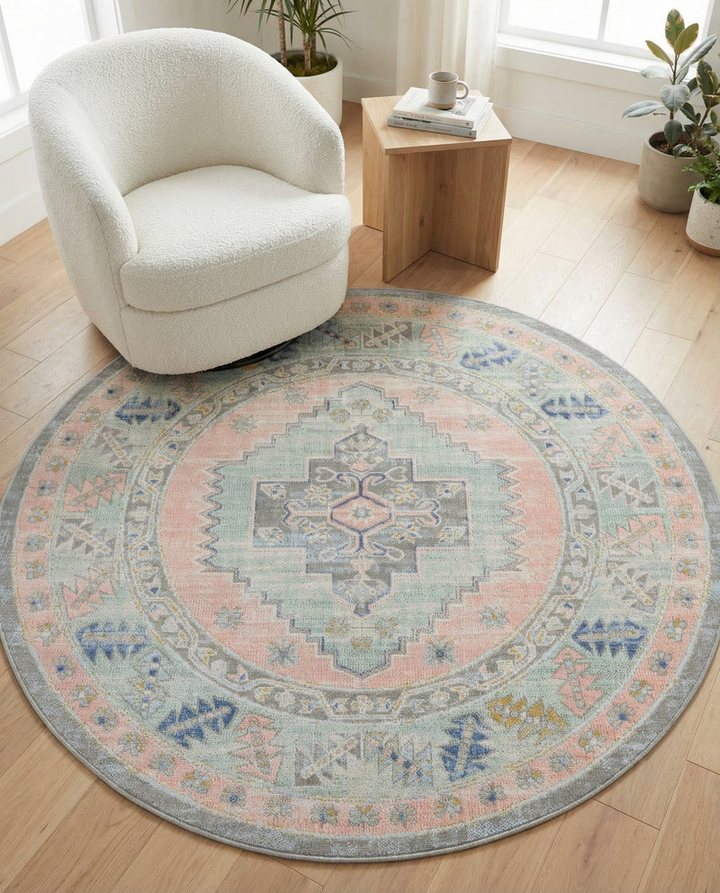 Savannah Series Collection Area Rug -  Augusta (Pink) Round Pink  lifestyle 73