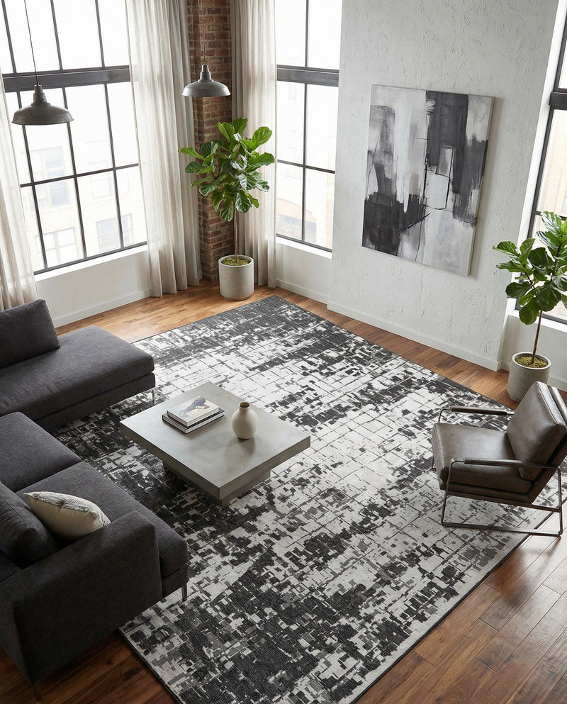 Urban Terrace Collection Area Rug -  Midtown Square Black and White  lifestyle 48