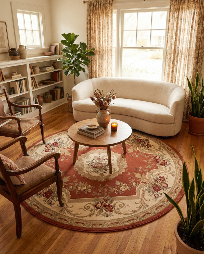 Versailles Elegance Collection Area Rug -  Louveciennes (Brick Red) Round Brick Red  lifestyle 34