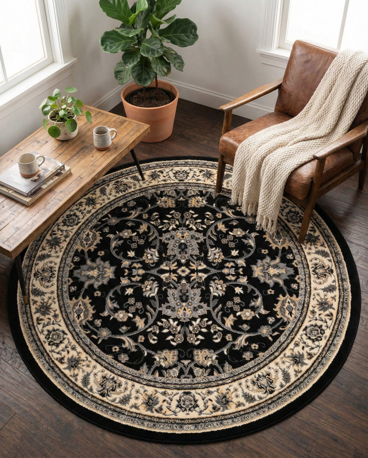 Isfahan Elegance Collection Area Rug - Naghsh-e Jahan (Black) Round Black  lifestyle 127