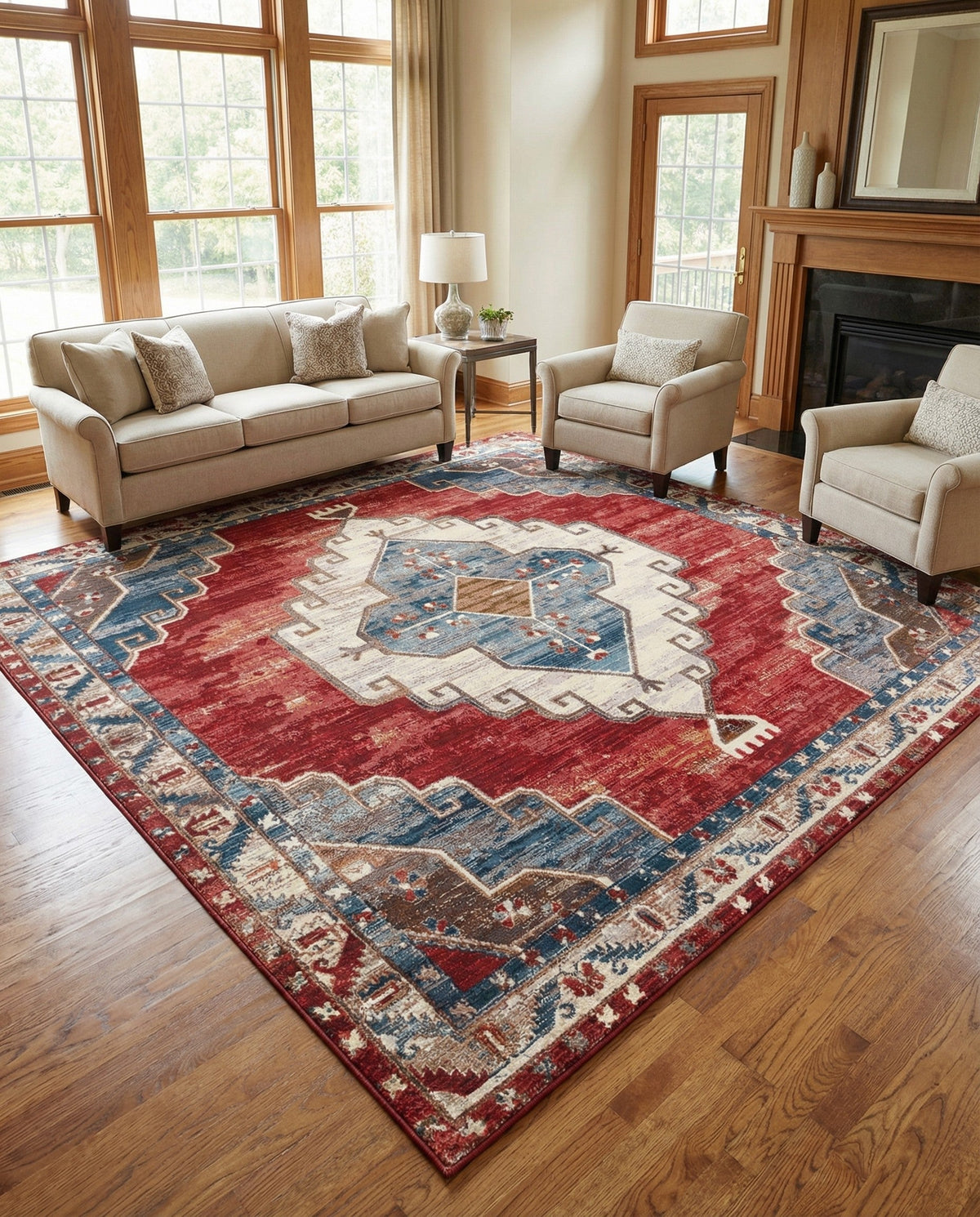 Patio Heritage Collection Area Rug -  Alcove Square Red and Navy Blue  lifestyle 97