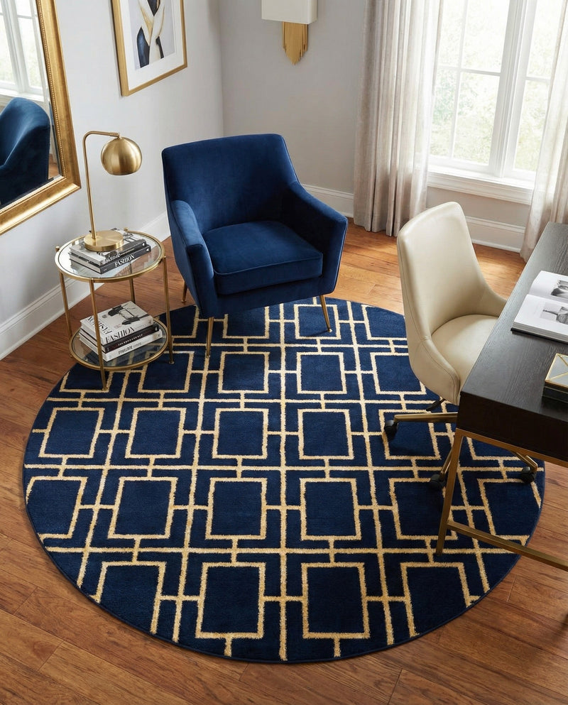Hollywood Luxe Collection Area Rug -  Beverly (Navy Blue Gold) Round Navy Blue Gold  lifestyle 50