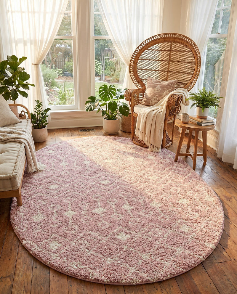 Berber Lattice Shag Collection Area Rug - Atlas (Light Pink) Oval Light Pink  lifestyle 47