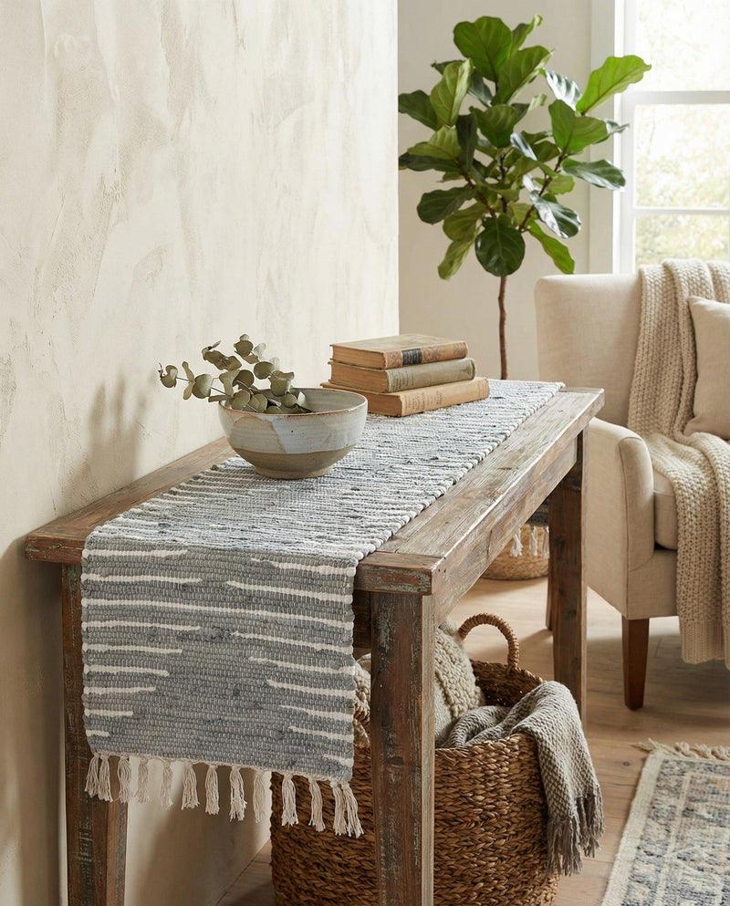 Thar Cotton Collection Area Rug - Jaisalmer (Light Gray) Table Runner Light Gray  lifestyle 75