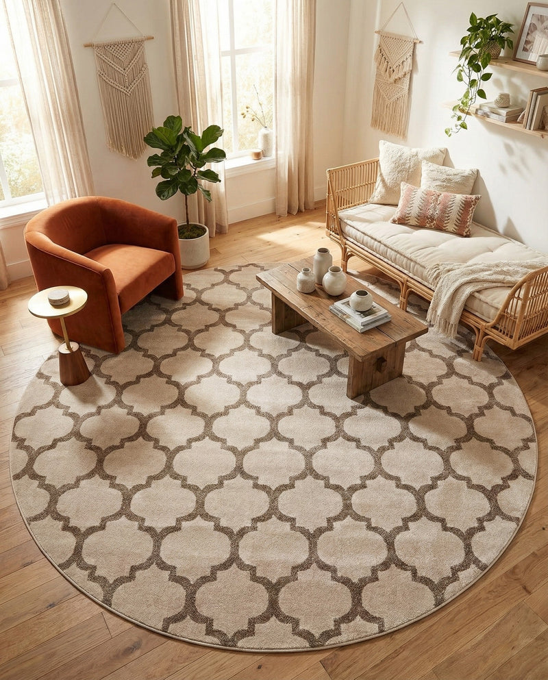 Lattice Gardens Collection Area Rug -  Bloomfield (Beige and Light Brown) Round Beige and Light Brown  lifestyle 79