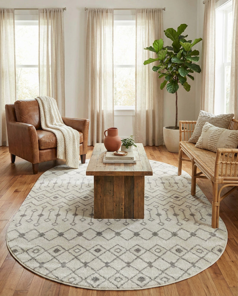 Mediterranean Lattice Collection Area Rug - Santorini (Ivory and Gray) Oval Ivory and Gray  lifestyle 28