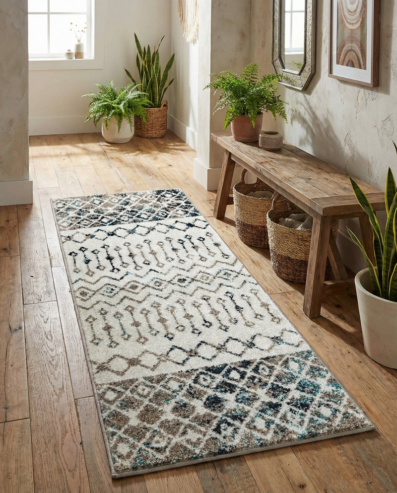 Mediterranean Lattice Collection Area Rug -  Casablanca (Ivory Gray Blue) Runner Ivory Gray Blue  lifestyle 59