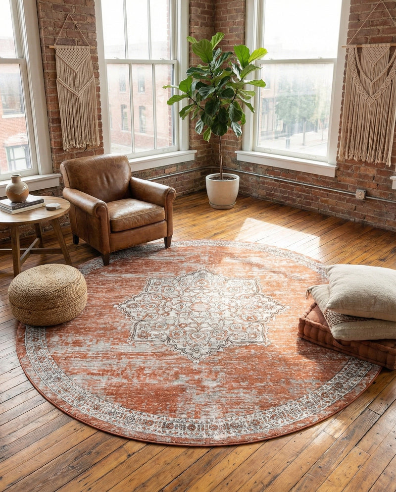 Mykonos Manor Collection Area Rug -  Tinos (Salmon Pink) Round Salmon Pink  lifestyle 58