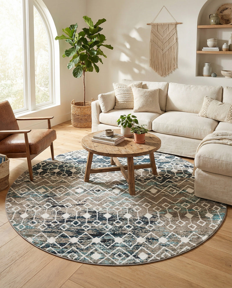 Mediterranean Lattice Collection Area Rug - Santorini (Multi Gray Blue) Round Multi Gray Blue  lifestyle 66