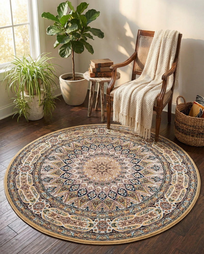 Persian Elegance Collection Area Rug -  Hamedan (Beige) Round Beige  lifestyle 27