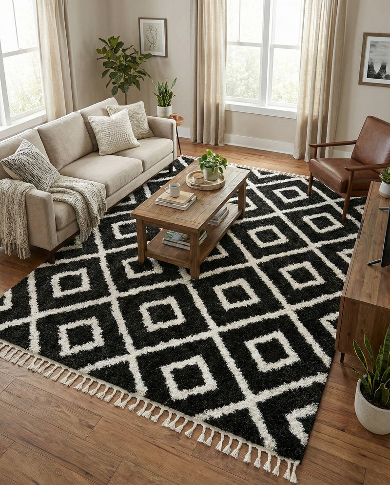 Cozy Cove Shag Collection Area Rug -  Dunes Rectangle Black and White  lifestyle 51