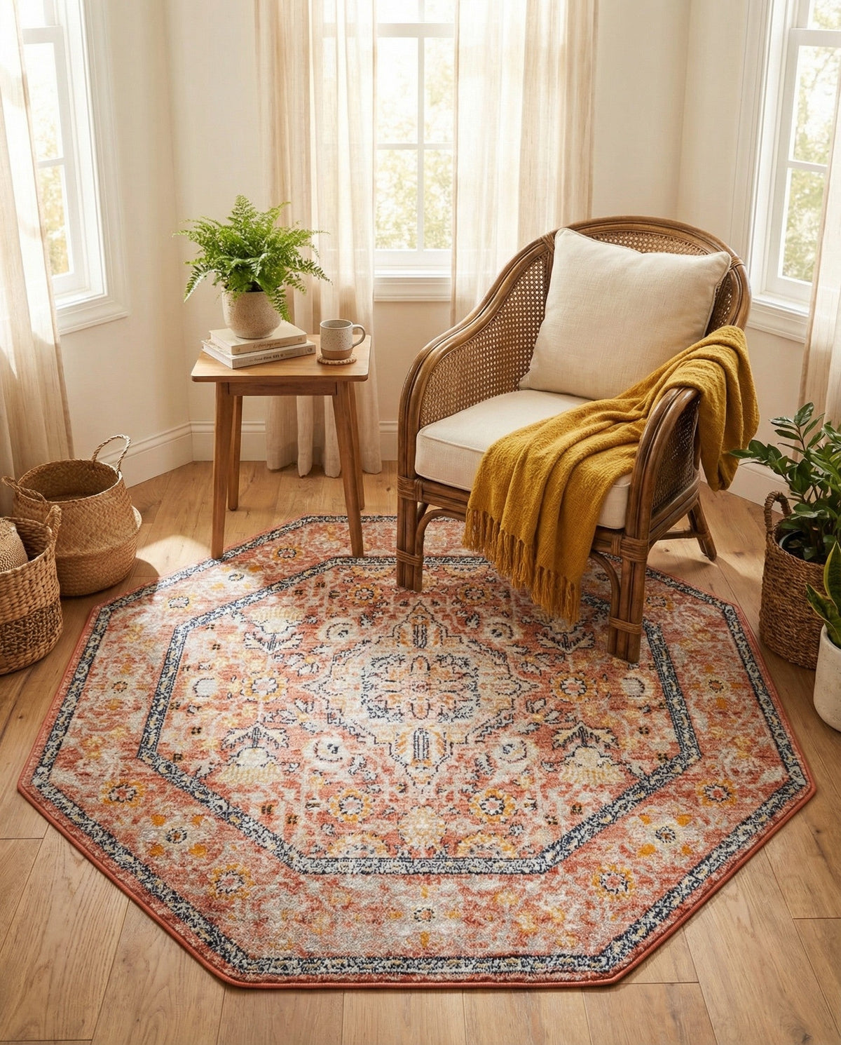 Seville Stripes Collection Area Rug - Cadiz (Brick Red) Octagon Brick Red  lifestyle 81