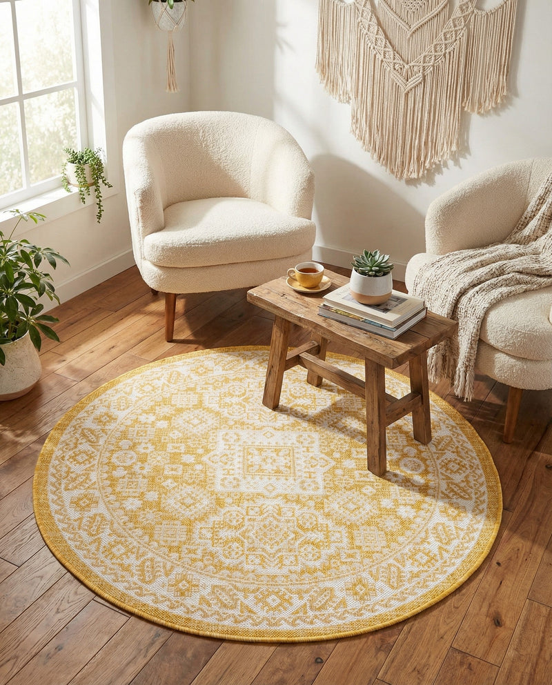 Tribal Terrace Treasures Collection Area Rug -  Incan Isle (Yellow) Round Yellow  lifestyle 65
