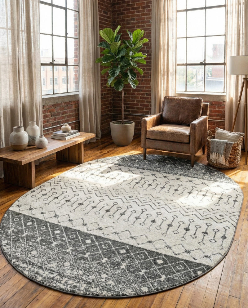 Mediterranean Lattice Collection Area Rug -  Casablanca (Ivory and Gray) Oval Ivory and Gray  lifestyle 27