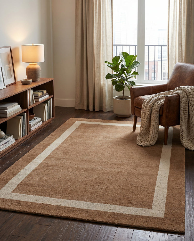 Savannah Borders Wool Collection Area Rug - Chatham Rectangle Latte Brown  lifestyle 68