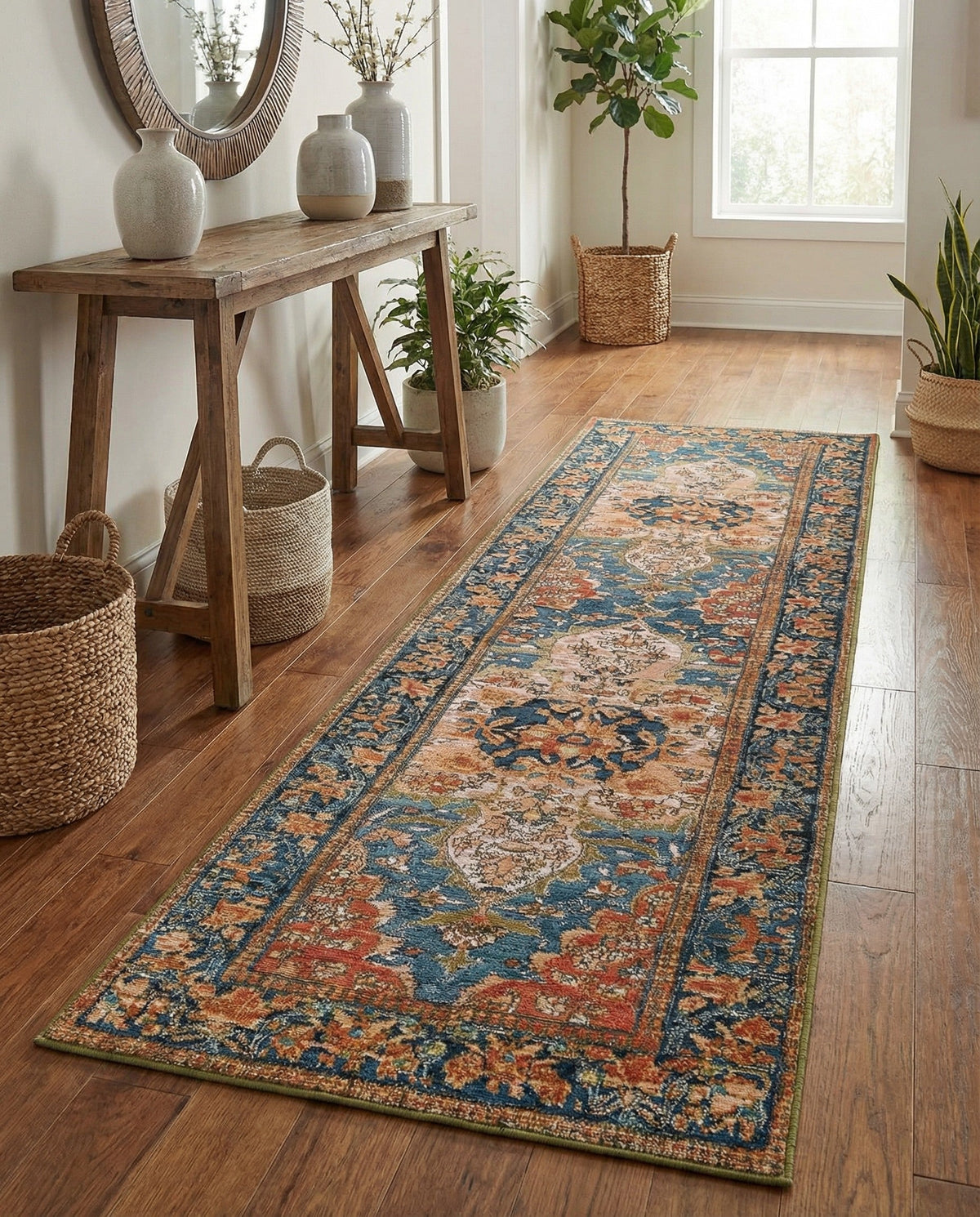 Patio Heritage Collection Area Rug -  Grove Runner Navy Blue and Rust Red  lifestyle 90
