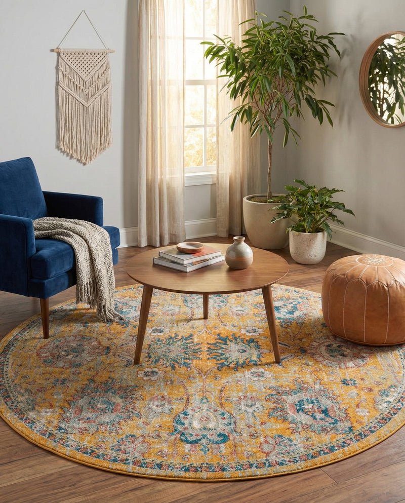 Seville Stripes Collection Area Rug -  Cordoba (Yellow) Round Yellow  lifestyle 24