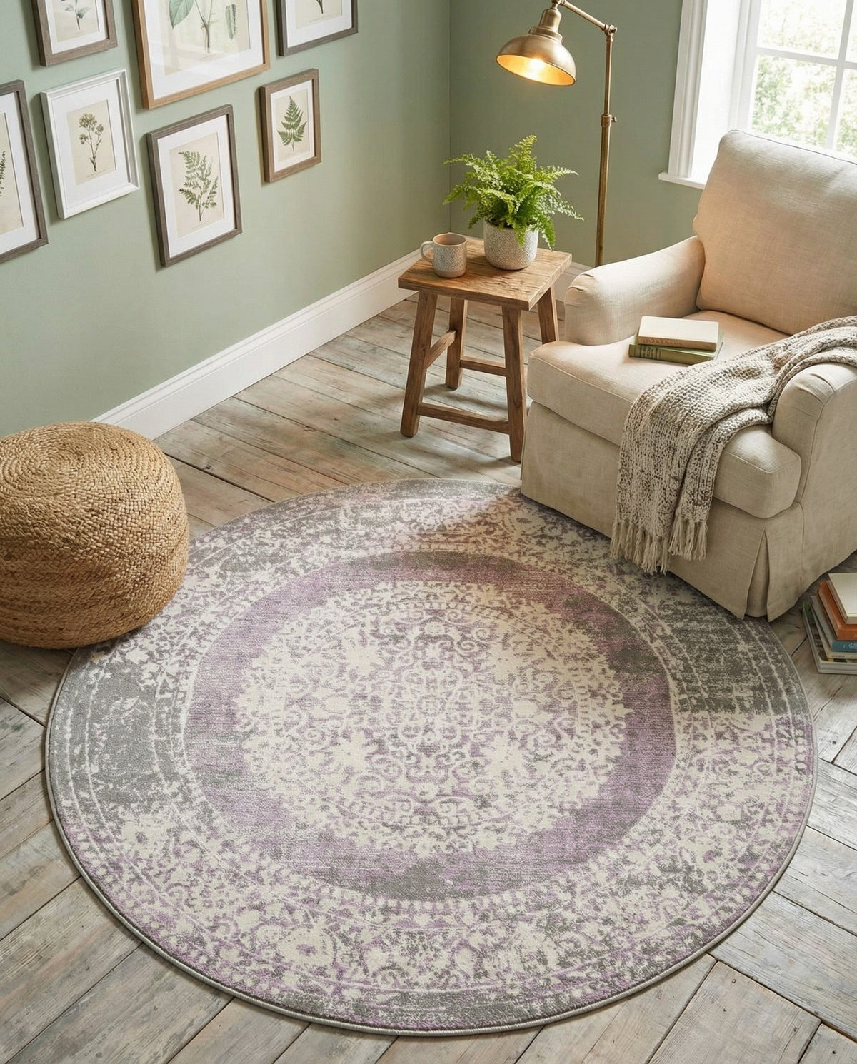 Rustic Charm Revival Collection Area Rug -  Meadowland Round Purple  lifestyle 141