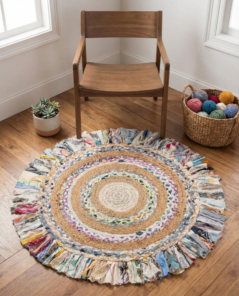 Osian Looms Collection Area Rug - Kathmandu Round Multi White  lifestyle 51