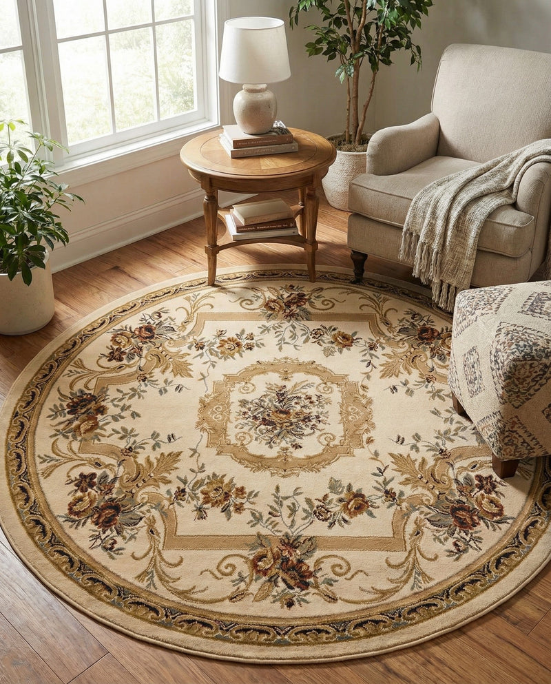 Versailles Elegance Collection Area Rug -  Louveciennes (Cream) Round Cream  lifestyle 74