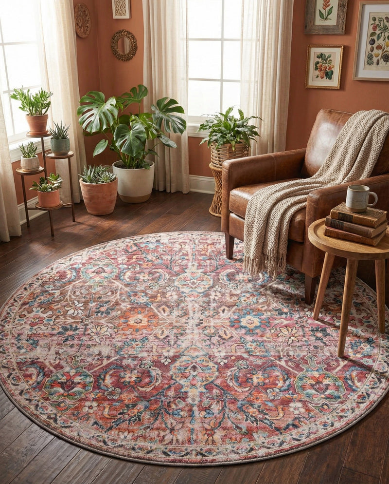 Vintage Memories Collection Area Rug -  Flashback Round Ivory and Pink  lifestyle 47