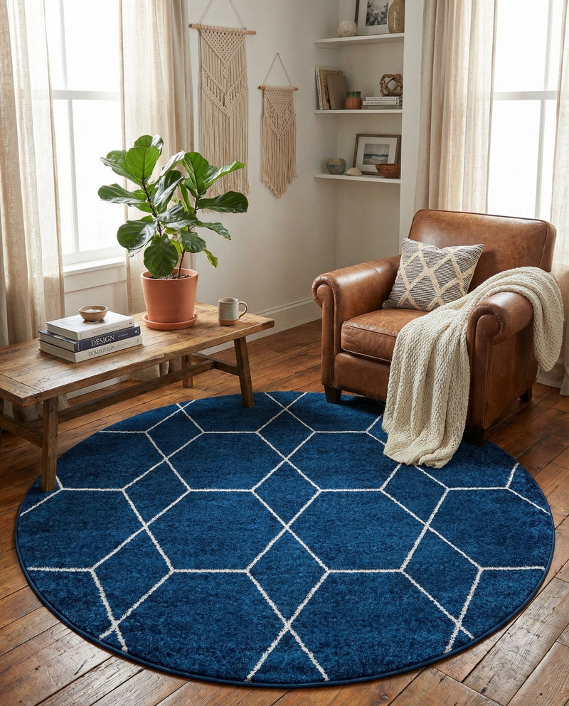 Trellis Mosaic Collection Area Rug - Arborville (Navy Blue) Round Navy Blue  lifestyle 33