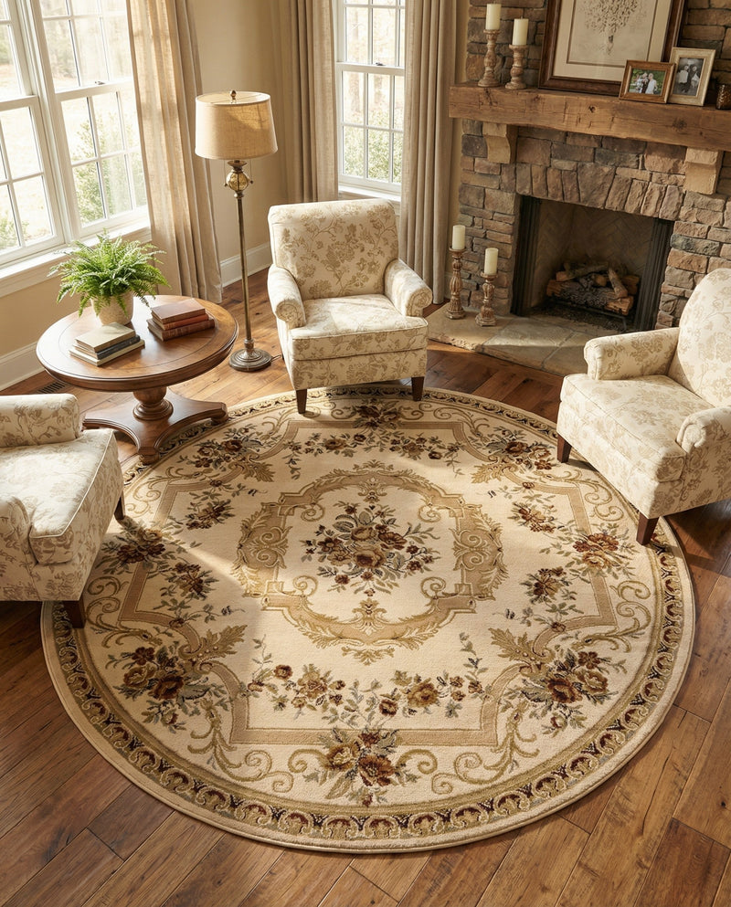 Versailles Elegance Collection Area Rug -  Louveciennes (Cream) Round Cream  lifestyle 84