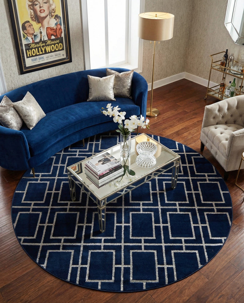 Hollywood Luxe Collection Area Rug -  Beverly (Navy Blue Silver) Round Navy Blue Silver  lifestyle 49