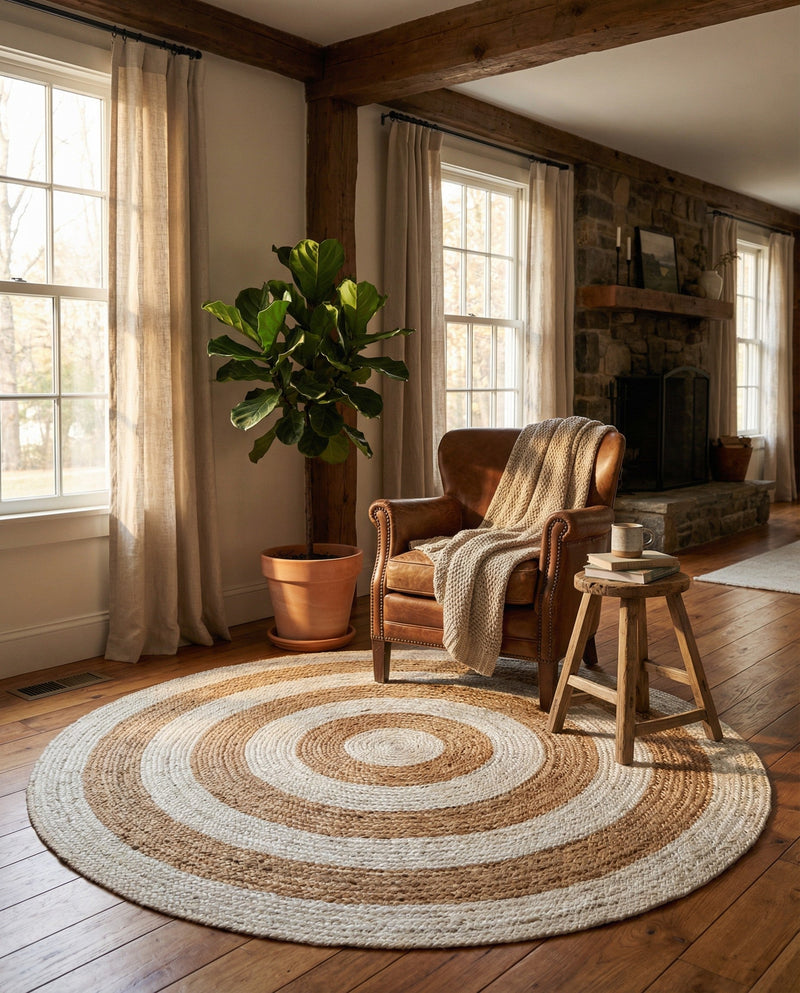Woven Seaside Jute Collection Area Rug - Nautilus Round White Natural  lifestyle 50