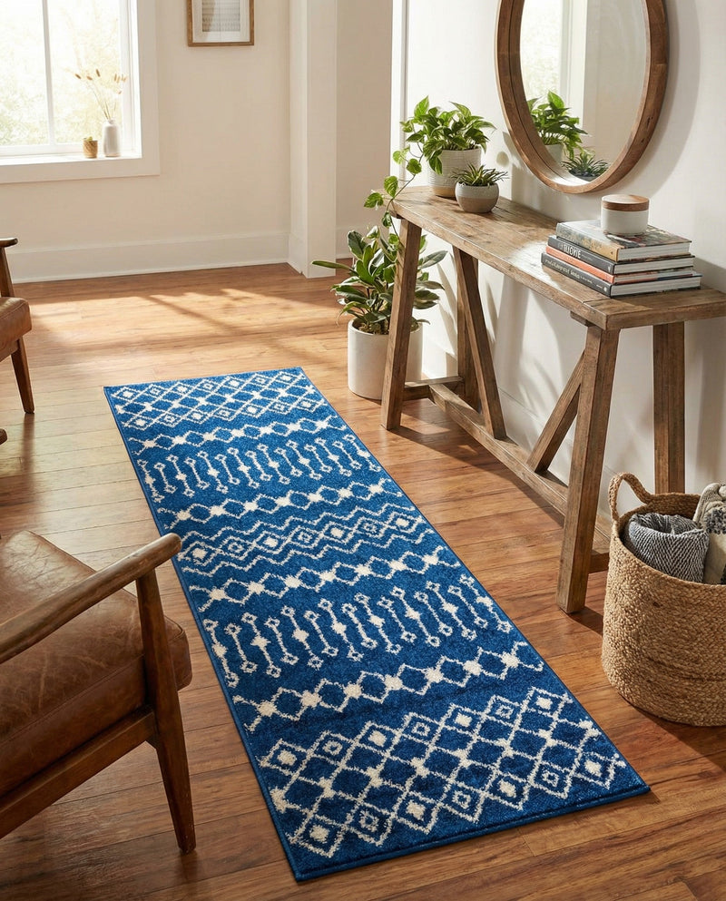 Mediterranean Lattice Collection Area Rug - Santorini (Navy Blue) Runner Navy Blue  lifestyle 48