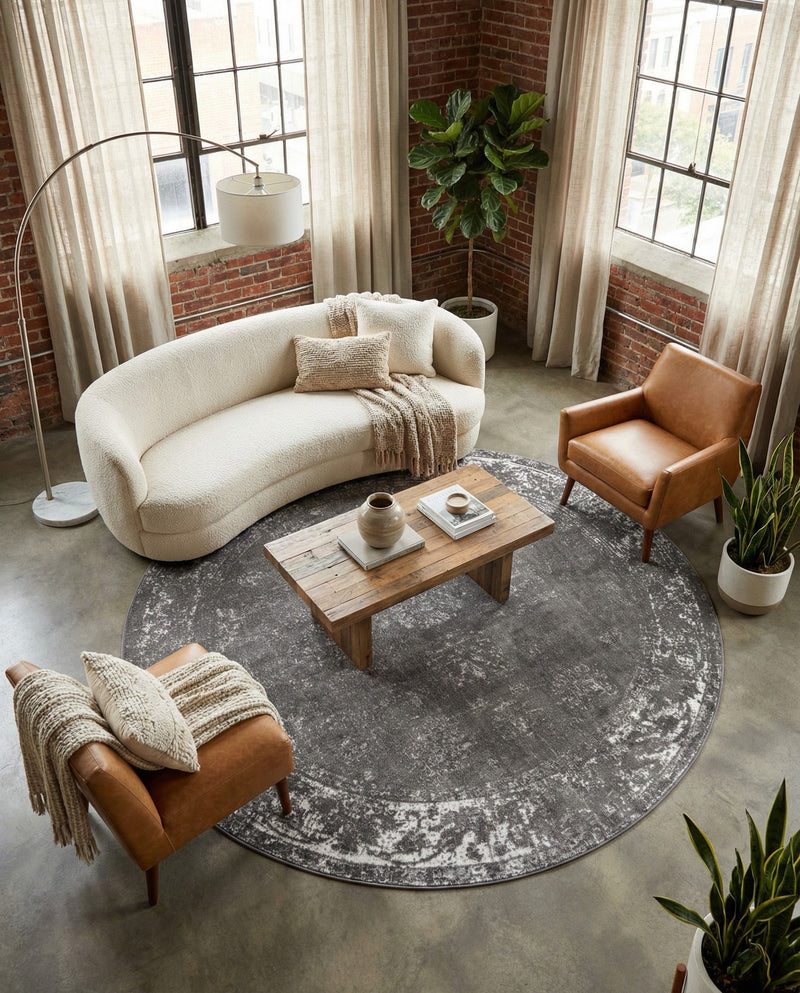 Riviera Elegance Collection Area Rug - Antibes (Dark Gray) Round Dark Gray  lifestyle 86